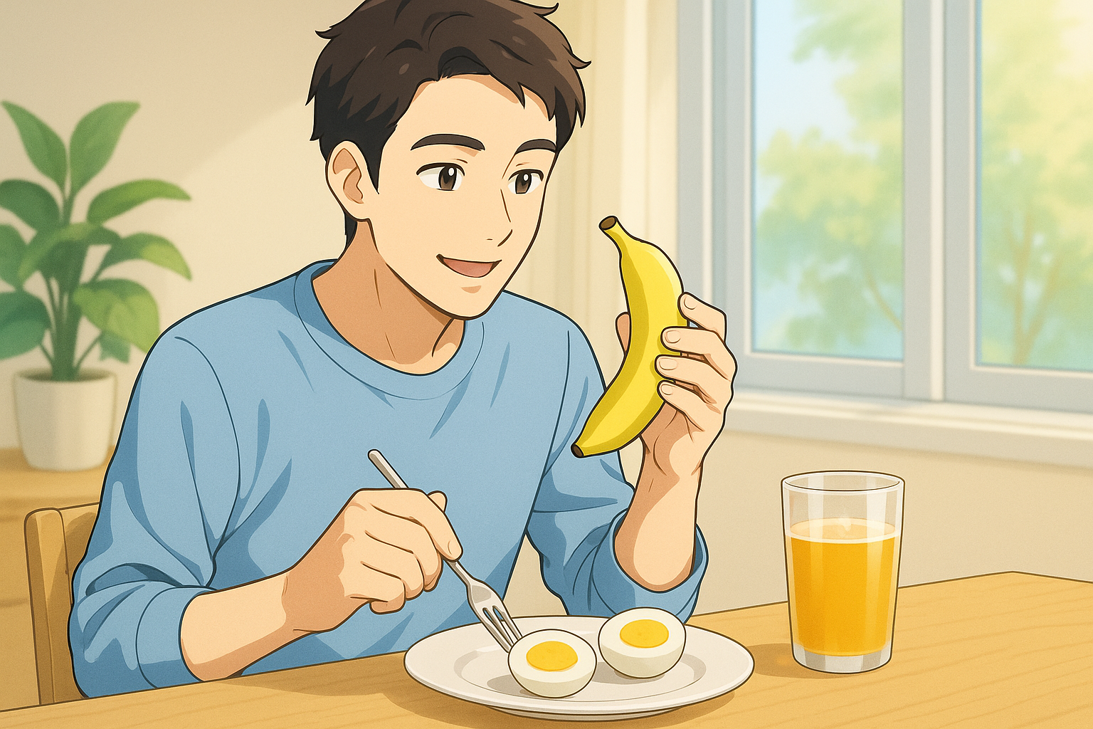 朝食にバナナとゆで卵をプラス