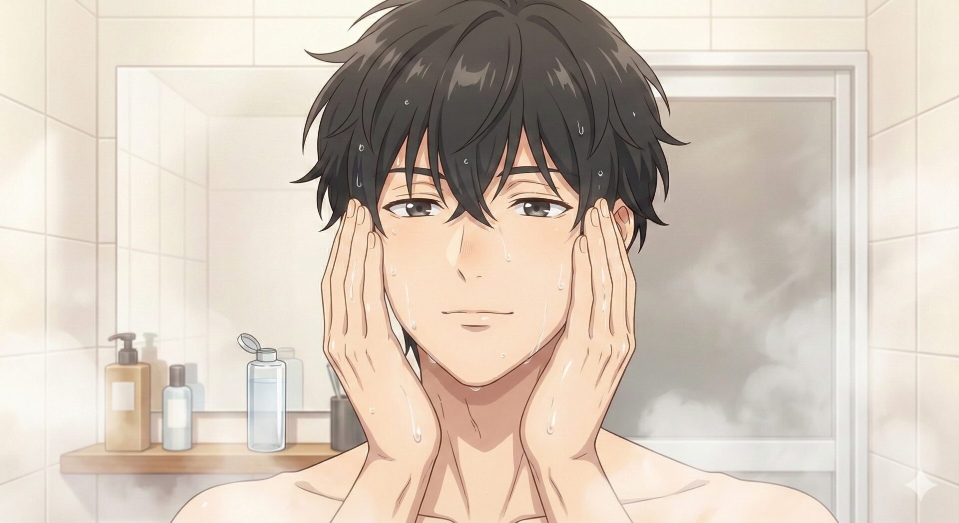 洗顔後すぐに化粧水をハンドプレスで肌になじませる男性。素早い保湿ケアの実践。