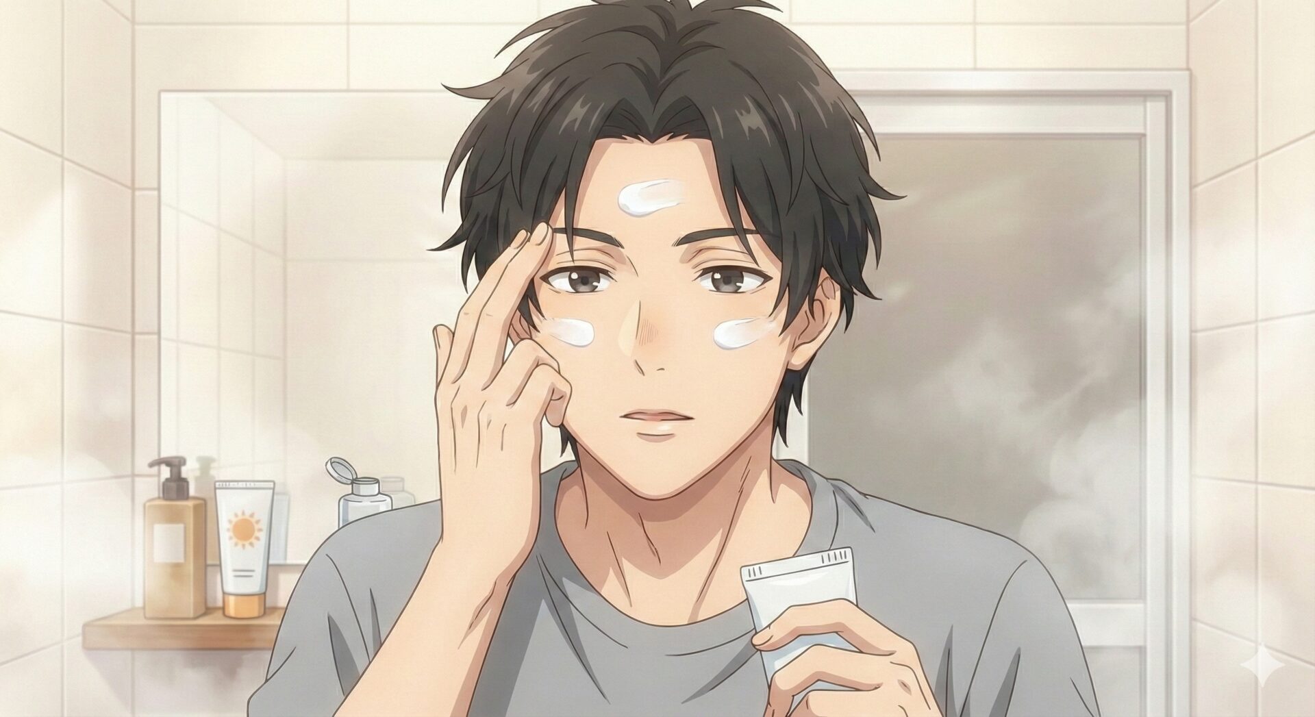 洗顔後すぐに化粧水をハンドプレスで肌になじませる男性。素早い保湿ケアの実践。